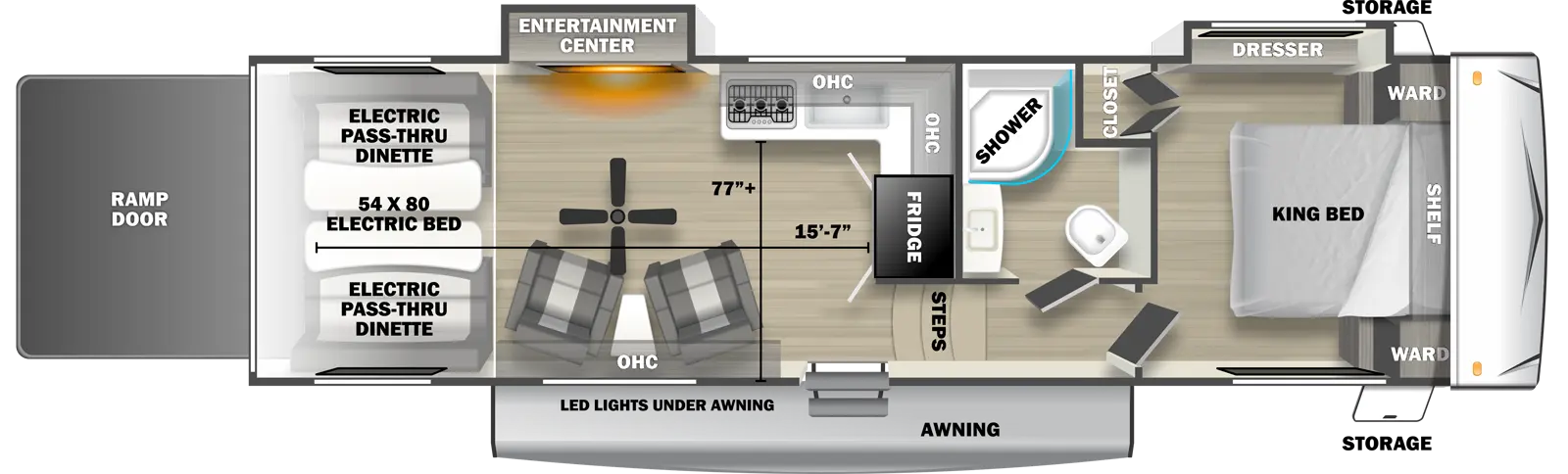 The 2800RLT fifth wheel has 2 slide outs on the off-door side, 1 entry door and 1 rear ramp door. Exterior features include an awning with LED lights and front opposing side storage access. Interior layout from front to back includes front bedroom with foot-facing King bed, shelf over the bed, front corner wardrobes, front facing closet and off-door side slideout holding a dresser; off-door side bathroom with radius shower, toilet and single sink vanity; 3 steps down into the kitchen area with off-door side L-shaped countertop, stovetop, L-Shaped overhead cabinets, sink and rear facing refrigerator; 2 door side recliners with end table; ceiling fan; off-door side slideout holding and entertainment center; and rear 54 x 80 electric bed over electric pass-through dinette. Cargo length from rear of unit to refrigerator is 15 ft. 7 in. Cargo width from countertop to door side wall is 77 inches.
